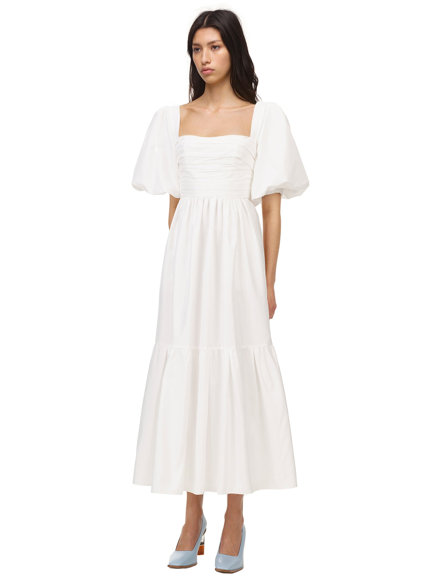 White Taffeta Puff Sleeve Midi Dress ...